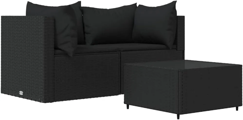 3-Piece Patio Lounge Set with Cushions Black Poly Rattan Outdoor Furniture for Garden Balcony Deck Comfy Modular Sofa Set
