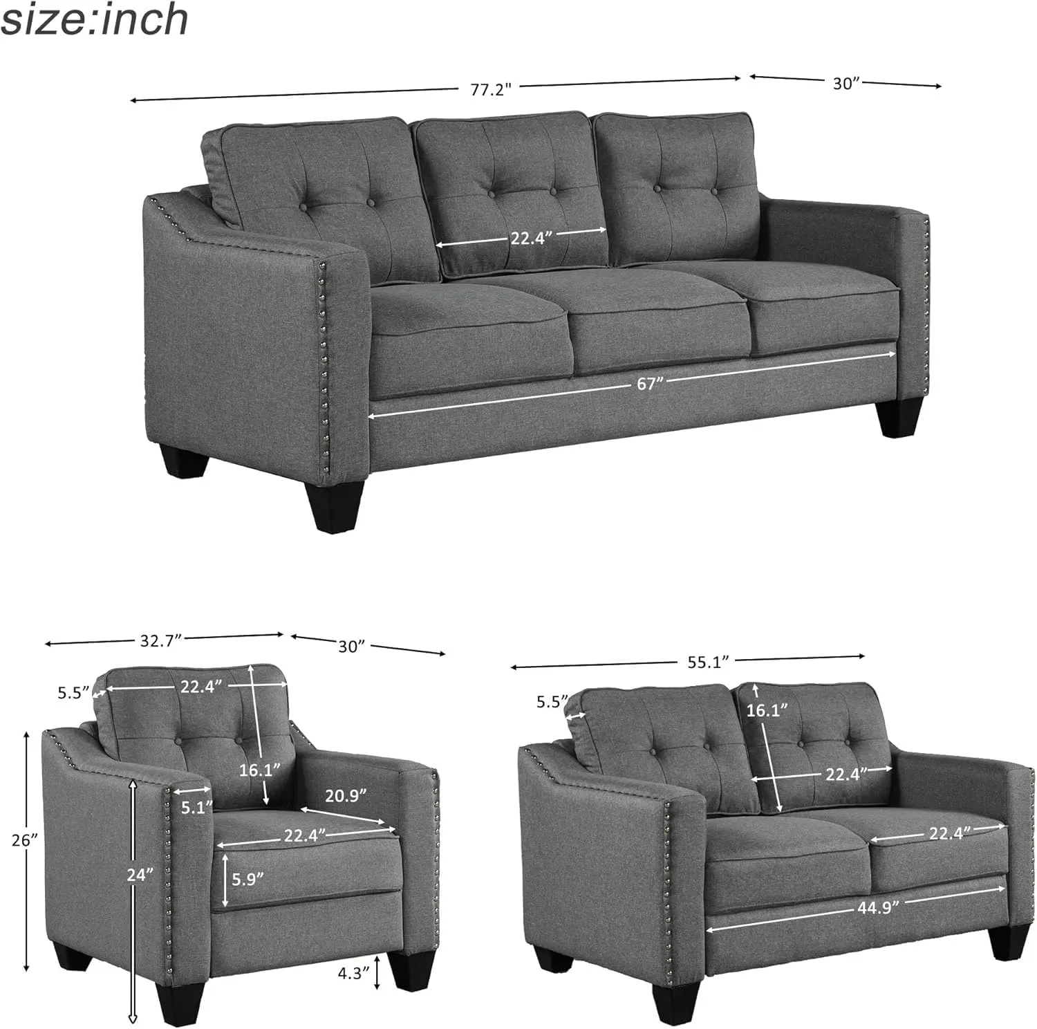 3 Pieses Mid-Century Modern Sofa Sets Linen Upholstered Tufted Back Sofa&Couch Include 3 Seaters Couch, Loveseat and Armchair with Rivets Rivets for Home Apartment Office Living Room Furniture Sets