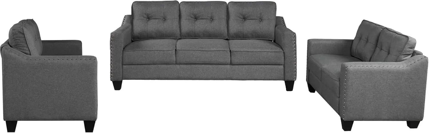 3 Pieses Mid-Century Modern Sofa Sets Linen Upholstered Tufted Back Sofa&Couch Include 3 Seaters Couch, Loveseat and Armchair with Rivets Rivets for Home Apartment Office Living Room Furniture Sets