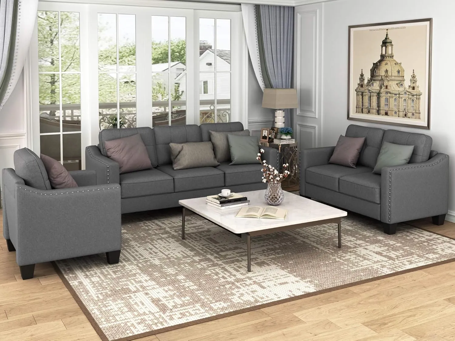 3 Pieses Mid-Century Modern Sofa Sets Linen Upholstered Tufted Back Sofa&Couch Include 3 Seaters Couch, Loveseat and Armchair with Rivets Rivets for Home Apartment Office Living Room Furniture Sets