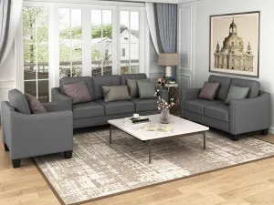 3 Pieses Mid-Century Modern Sofa Sets Linen Upholstered Tufted Back Sofa&Couch Include 3 Seaters Couch, Loveseat and Armchair with Rivets Rivets for Home Apartment Office Living Room Furniture Sets