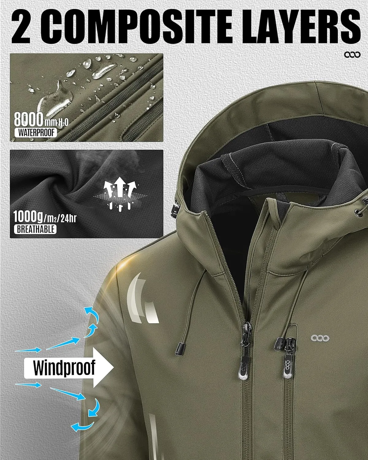 33,000ft Men's Softshell Jacket with Hood Waterproof Windbreaker Lightweight Rain Shell Jacket for Outdoor Hiking Travel