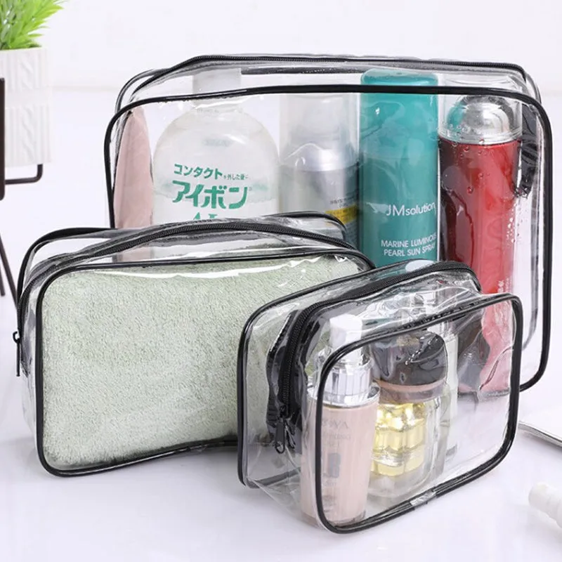 3pcs Clear Makeup Bag, Quart Size Travel Bag For Bathroom Toiletries-Black
