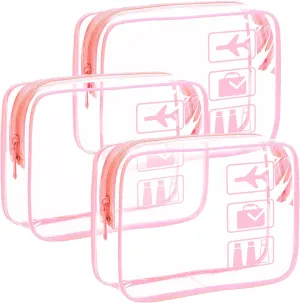 3Pcs TSA Approved Toiletry Bag - Carry on Airport Airline Compliant Bag,3 Pack Clear Travel Bags for Toiletries,Clear Makeup Bags Toiletry bags Quart Size Travel Bag, Pink