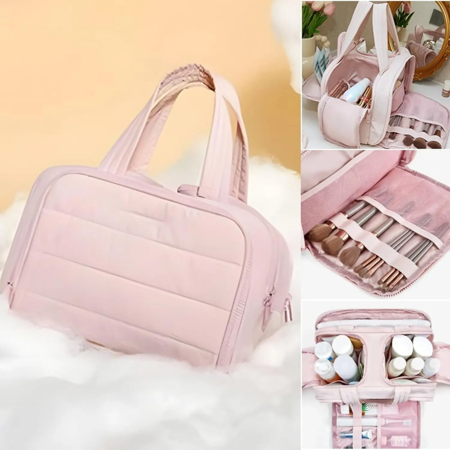 4-in-1 Multifunctional Travel Cosmetic Bag, Large-Capacity Travel Cosmetic Bag, 4-in-1 Puffy Multi-functional Toiletry Bag, 2025 New Camping Toiletry Bag for Women Traveling (Beige)