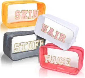 4 Pack Clear Makeup Bags with Chenille Letters, Travel Toiletry Organizer for Hair, Face, Skin, Stuff - Cosmetic Pouch Set for Girls, Kids - Birthday, Graduation, Teacher Gifts, Summer Travel