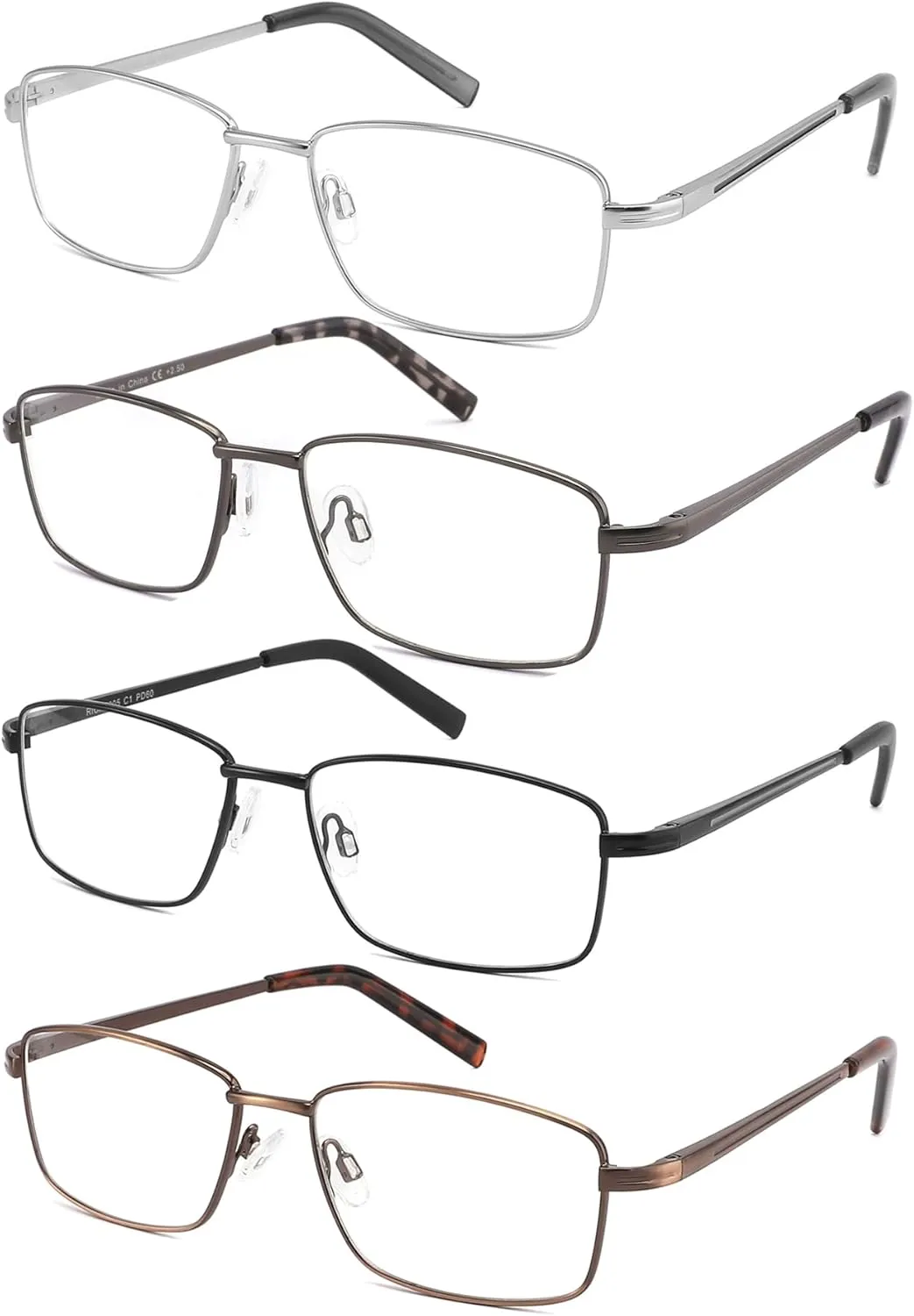 4 Pack Reading Glasses for Men, Computer Readers with Spring Hinge, Anti UV Ray/Eye Strain/Glare, Metal Frame Eyeglasses with Pouches(100 Magnification Strength)