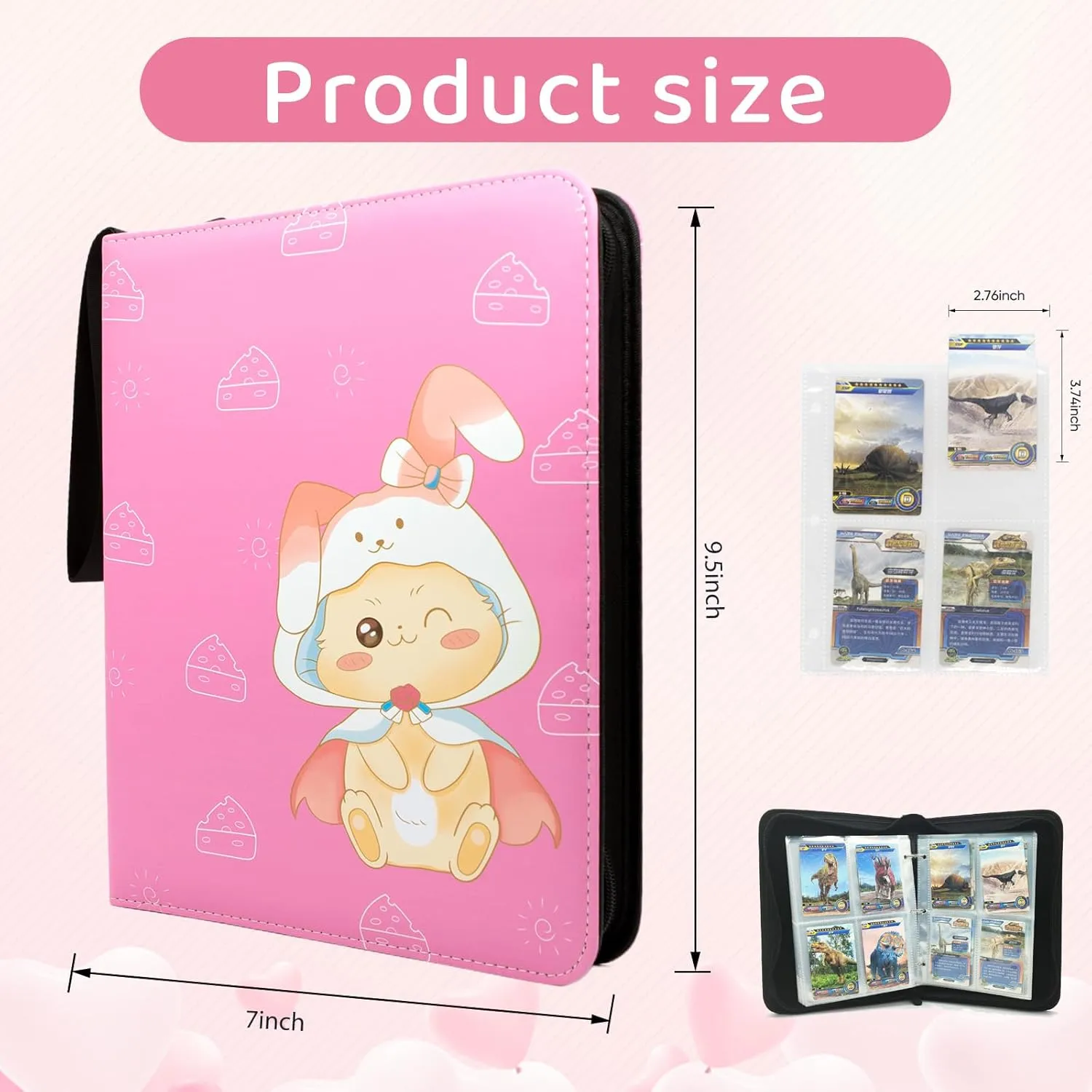 4 Pocket Card Binder - Premium Zip Trading Card Binder - 480 Double Sided Pocket PU Collection Binder - Gift for Girls (Pink Kitten 4-Pocket)