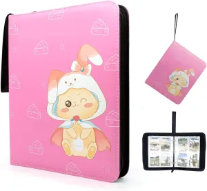4 Pocket Card Binder - Premium Zip Trading Card Binder - 480 Double Sided Pocket PU Collection Binder - Gift for Girls (Pink Kitten 4-Pocket)