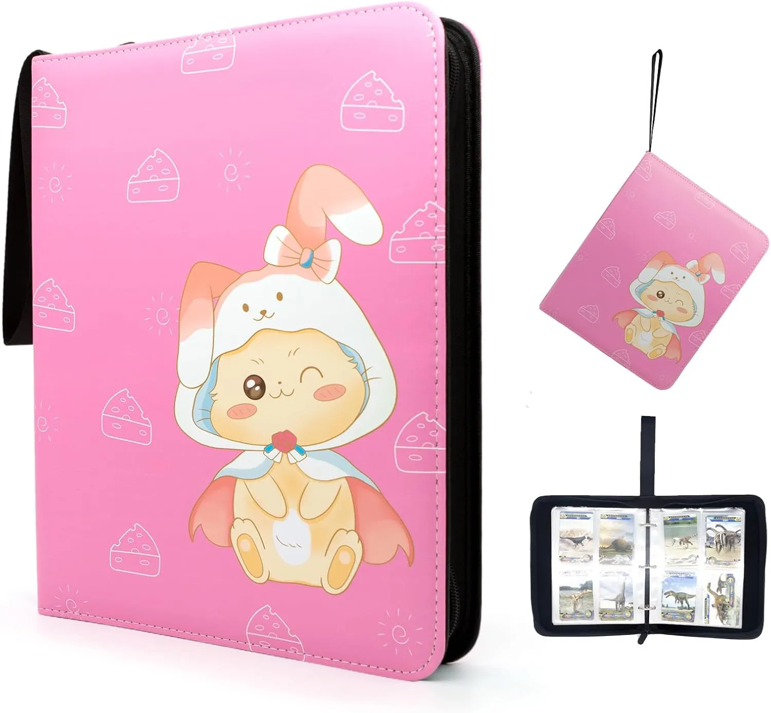 4 Pocket Card Binder - Premium Zip Trading Card Binder - 480 Double Sided Pocket PU Collection Binder - Gift for Girls (Pink Kitten 4-Pocket)