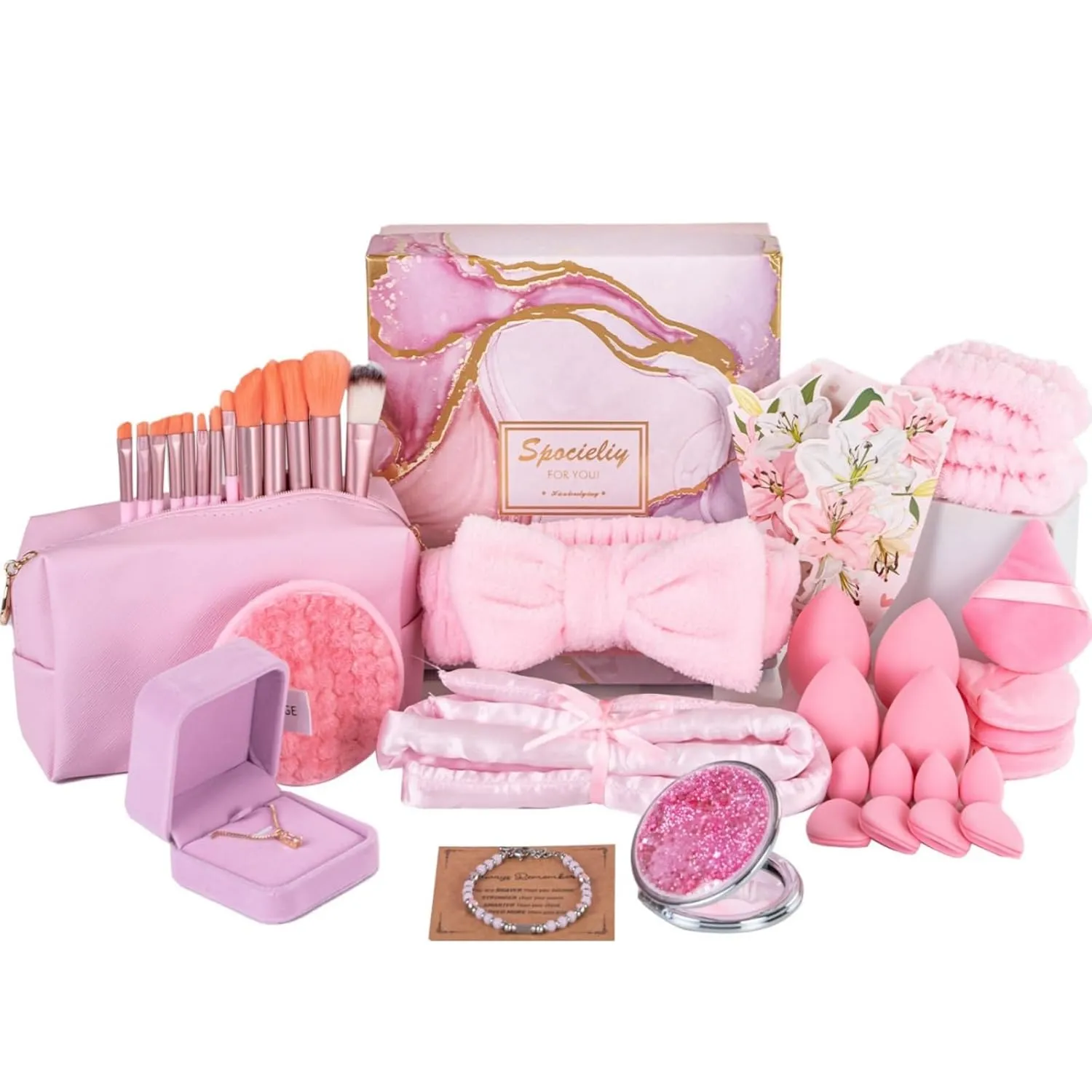 40PCS Spa Gift Set for Teen Girls & Women -Makeup Brushes Set   Blending Sponges   Silk Heatless Curling Set   Jewelry Set & Skincare Headbands | Birthday Gift for Daughter, Niece, Her (Pink)