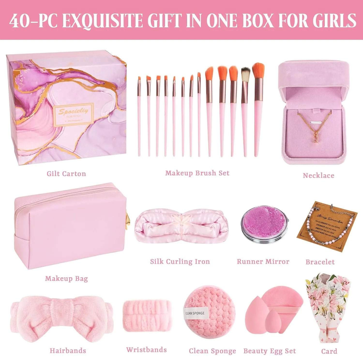 40PCS Spa Gift Set for Teen Girls & Women -Makeup Brushes Set   Blending Sponges   Silk Heatless Curling Set   Jewelry Set & Skincare Headbands | Birthday Gift for Daughter, Niece, Her (Pink)
