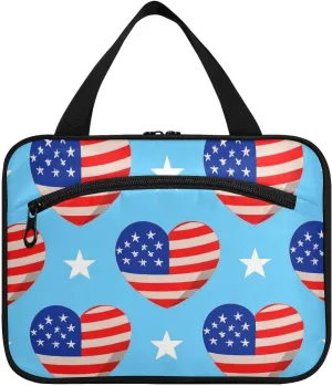 4th Of July Independence Day Red and Blue Love hanging make up bag for women with hook, designer essential skincare bag for travel make up work bolsas para maquillaje L