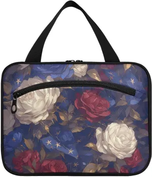 4th Of July Independence Day Red and Blue Roses hanging travel toiletry bag for women with hook, designer collapsible skin care bag for travelers backpacking porta cosmeticos mujer para