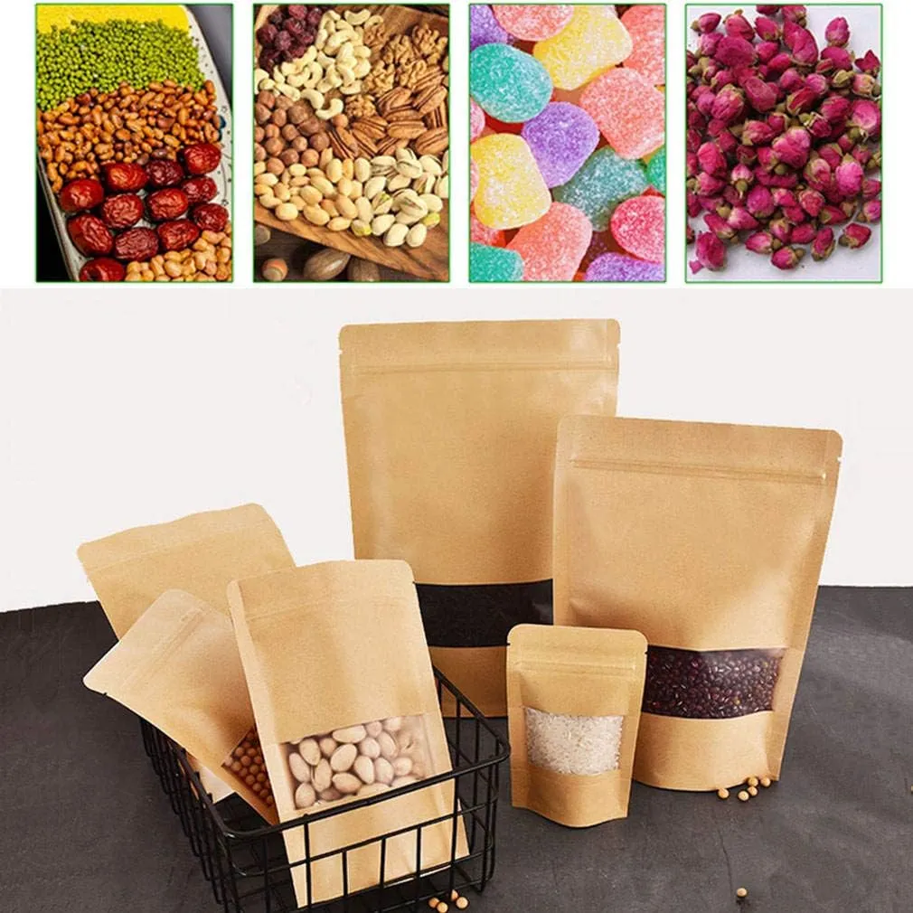 50pcs Kraft Paper Bags with Window Resealable Zip Lock Food Storage Bags Heat Sealable Stand Up Brown Paper Pouches for Cookies Coffee Tea 6.2×8.6in