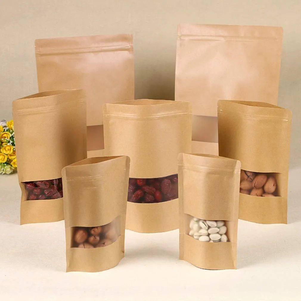 50pcs Kraft Paper Bags with Window Resealable Zip Lock Food Storage Bags Heat Sealable Stand Up Brown Paper Pouches for Cookies Coffee Tea 6.2×8.6in