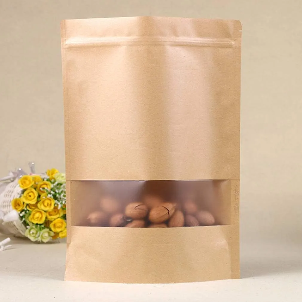 50pcs Kraft Paper Bags with Window Resealable Zip Lock Food Storage Bags Heat Sealable Stand Up Brown Paper Pouches for Cookies Coffee Tea 6.2×8.6in