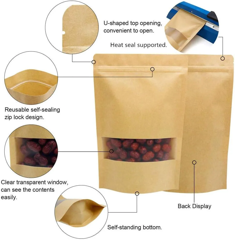 50pcs Kraft Paper Bags with Window Resealable Zip Lock Food Storage Bags Heat Sealable Stand Up Brown Paper Pouches for Cookies Coffee Tea 6.2×8.6in