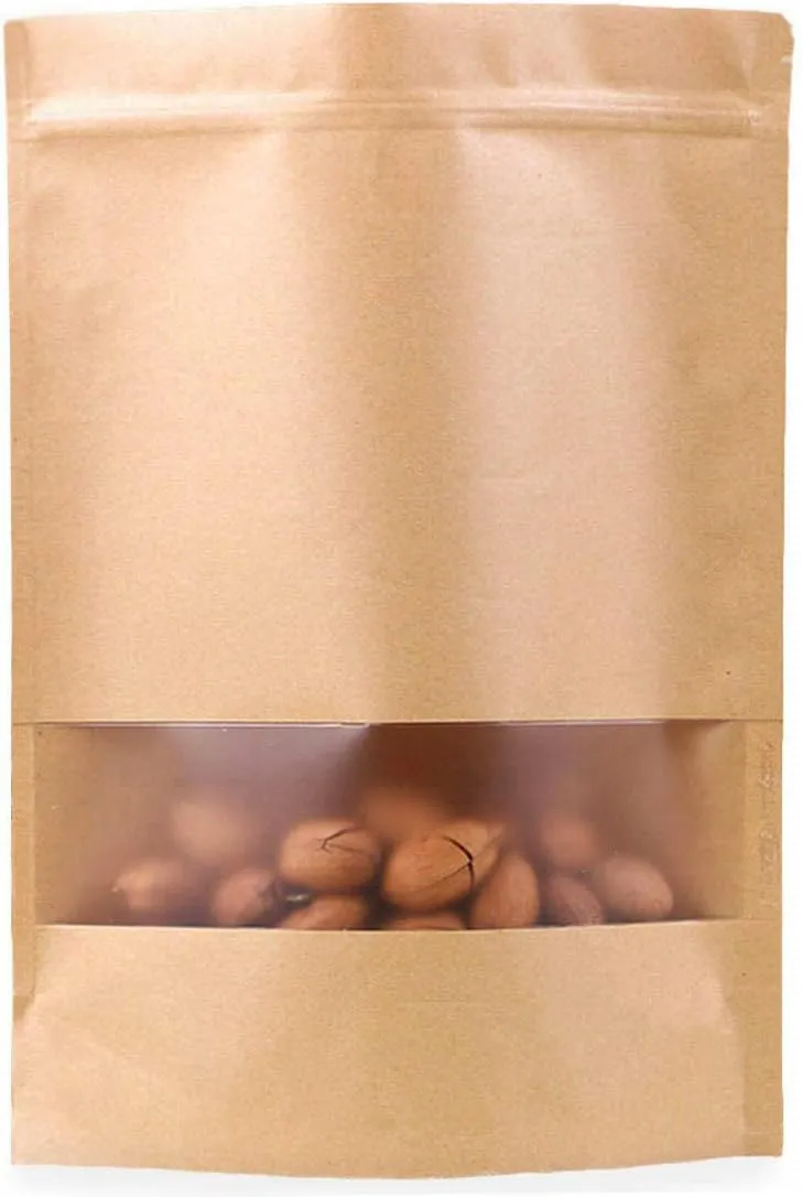 50pcs Kraft Paper Bags with Window Resealable Zip Lock Food Storage Bags Heat Sealable Stand Up Brown Paper Pouches for Cookies Coffee Tea 6.2×8.6in