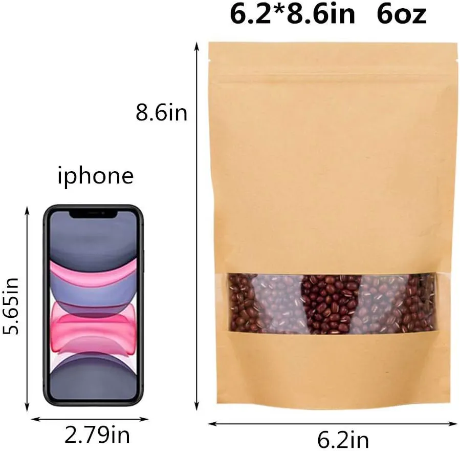 50pcs Kraft Paper Bags with Window Resealable Zip Lock Food Storage Bags Heat Sealable Stand Up Brown Paper Pouches for Cookies Coffee Tea 6.2×8.6in