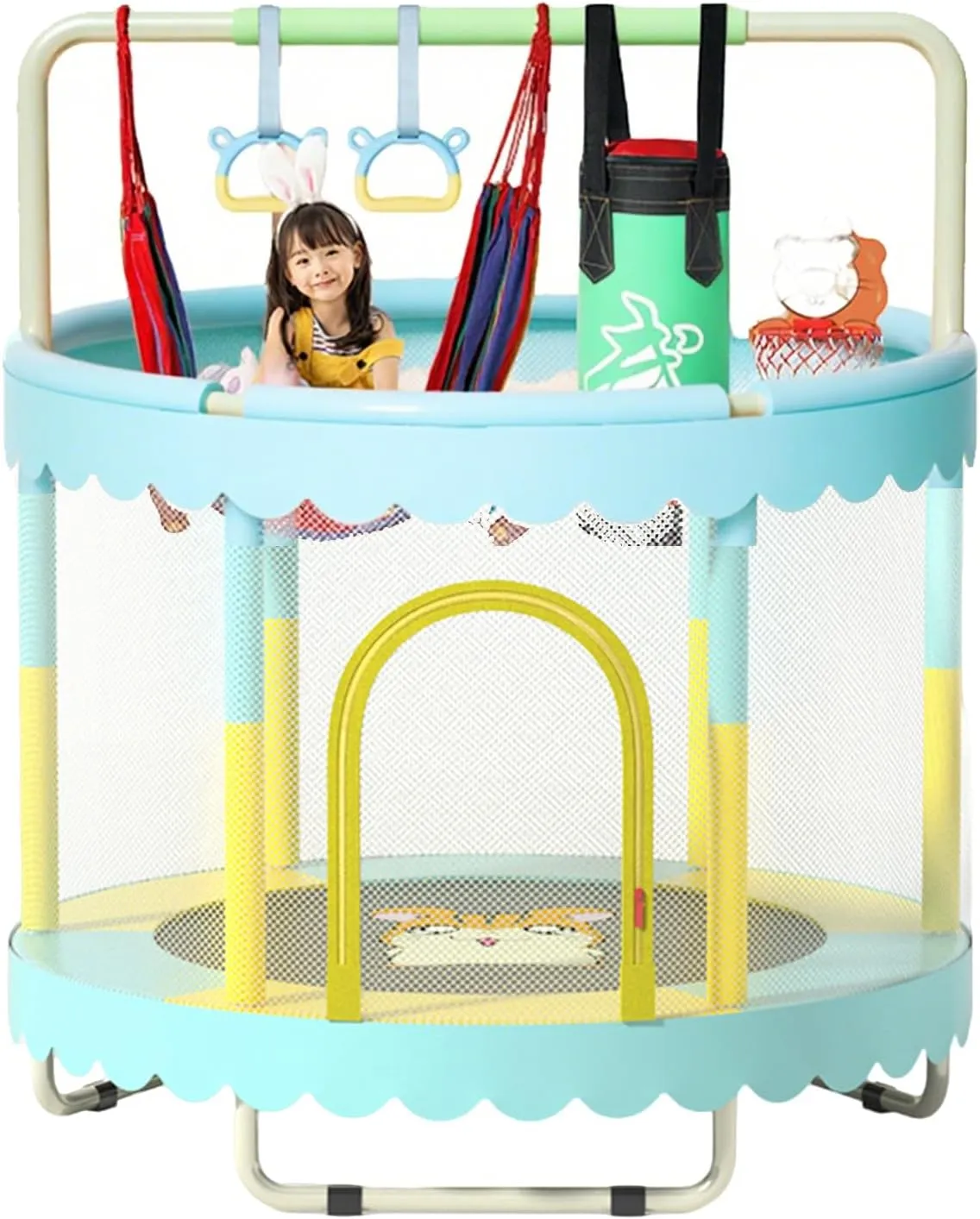 60" Trampoline for Kids, Update T-handrail Adjustable Baby Toddler Trampoline with Basketball Hoop, 200lbs Anti-Rollover Round Bottom Indoor Outdoor Toddler Trampoline with Enclosure