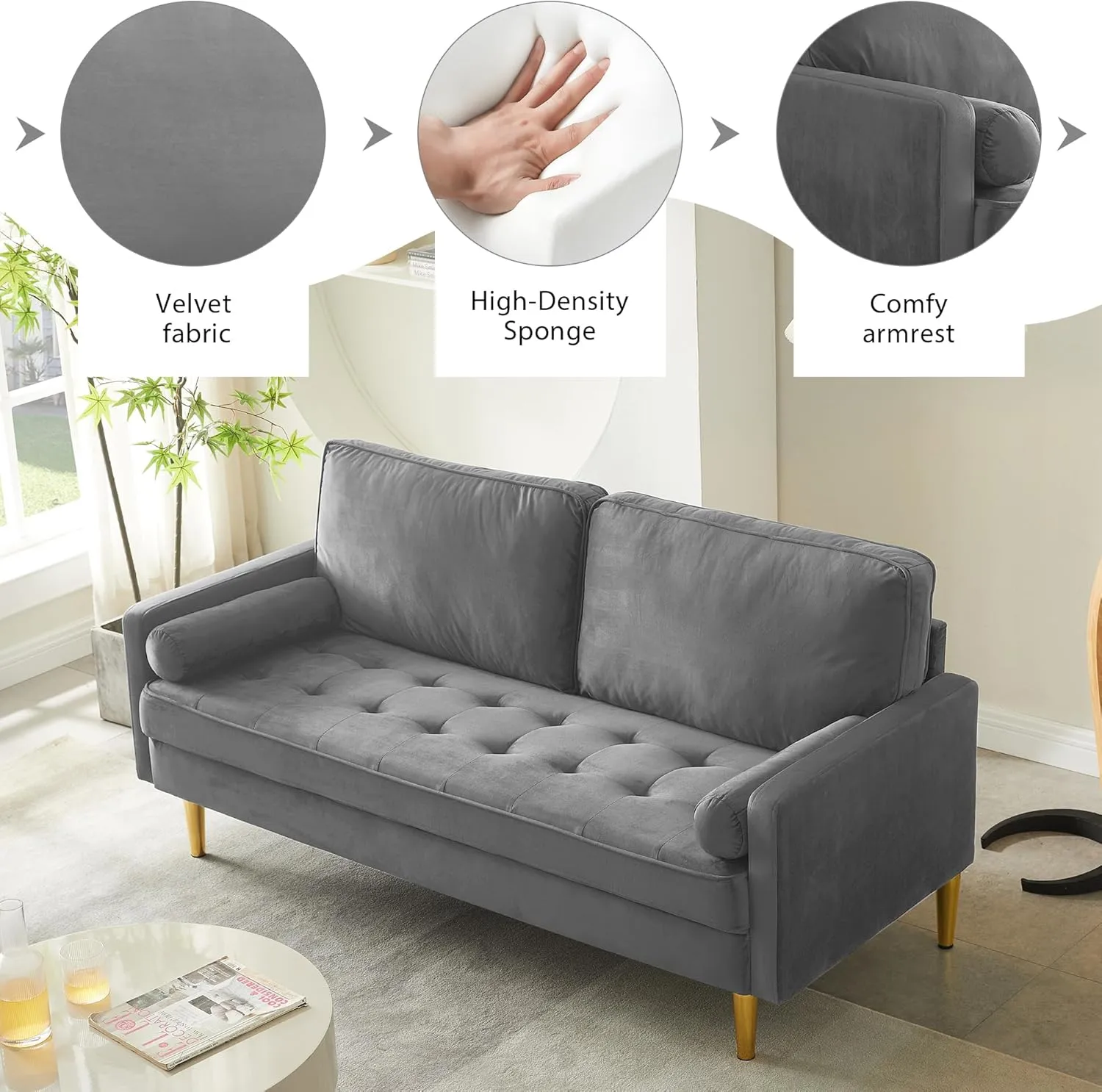 67" Modern Velvet Loveseat Sofa Couch, Mid-Century Tufted Upholstered Small Love Seat Couch with 2 Pillows & 4 Golden Legs, 2-Seats Couches for Compact Space, Living Room, Apartment (Grey)