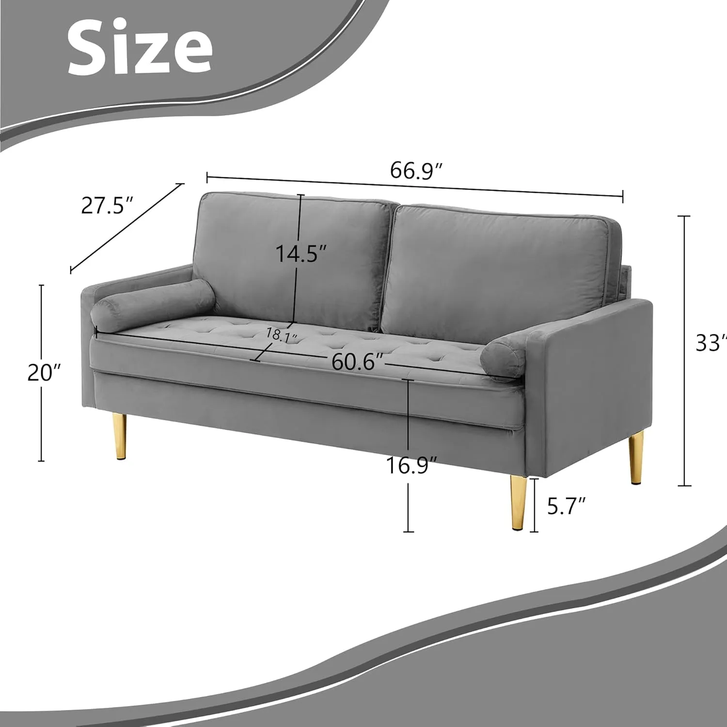 67" Modern Velvet Loveseat Sofa Couch, Mid-Century Tufted Upholstered Small Love Seat Couch with 2 Pillows & 4 Golden Legs, 2-Seats Couches for Compact Space, Living Room, Apartment (Grey)