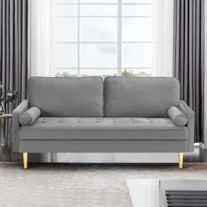 67" Modern Velvet Loveseat Sofa Couch, Mid-Century Tufted Upholstered Small Love Seat Couch with 2 Pillows & 4 Golden Legs, 2-Seats Couches for Compact Space, Living Room, Apartment (Grey)