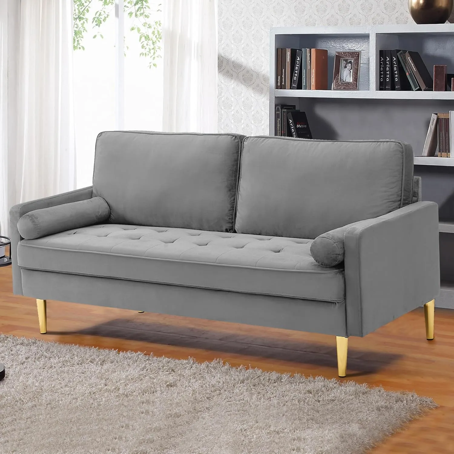 67" Modern Velvet Loveseat Sofa Couch, Mid-Century Tufted Upholstered Small Love Seat Couch with 2 Pillows & 4 Golden Legs, 2-Seats Couches for Compact Space, Living Room, Apartment (Grey)