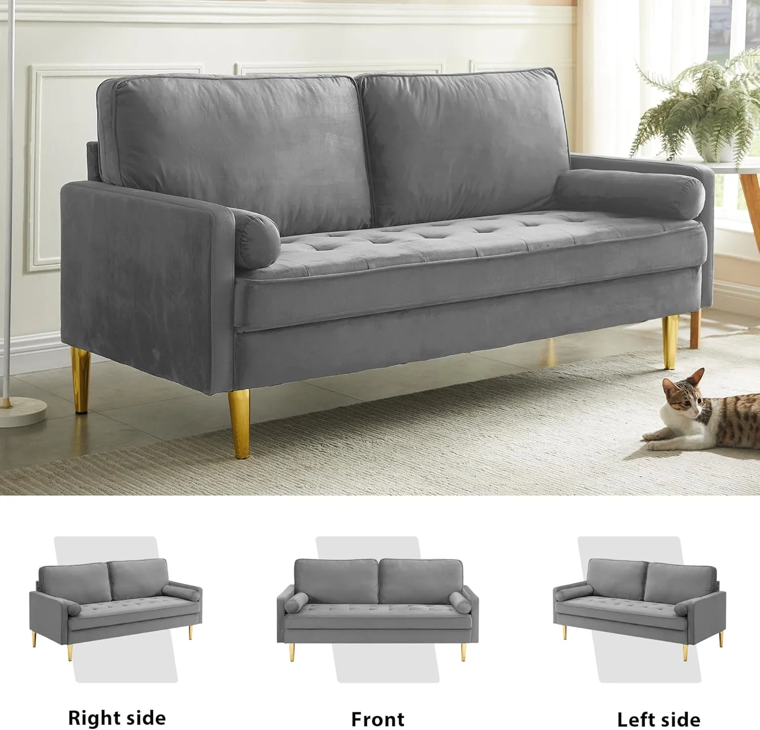 67" Modern Velvet Loveseat Sofa Couch, Mid-Century Tufted Upholstered Small Love Seat Couch with 2 Pillows & 4 Golden Legs, 2-Seats Couches for Compact Space, Living Room, Apartment (Grey)