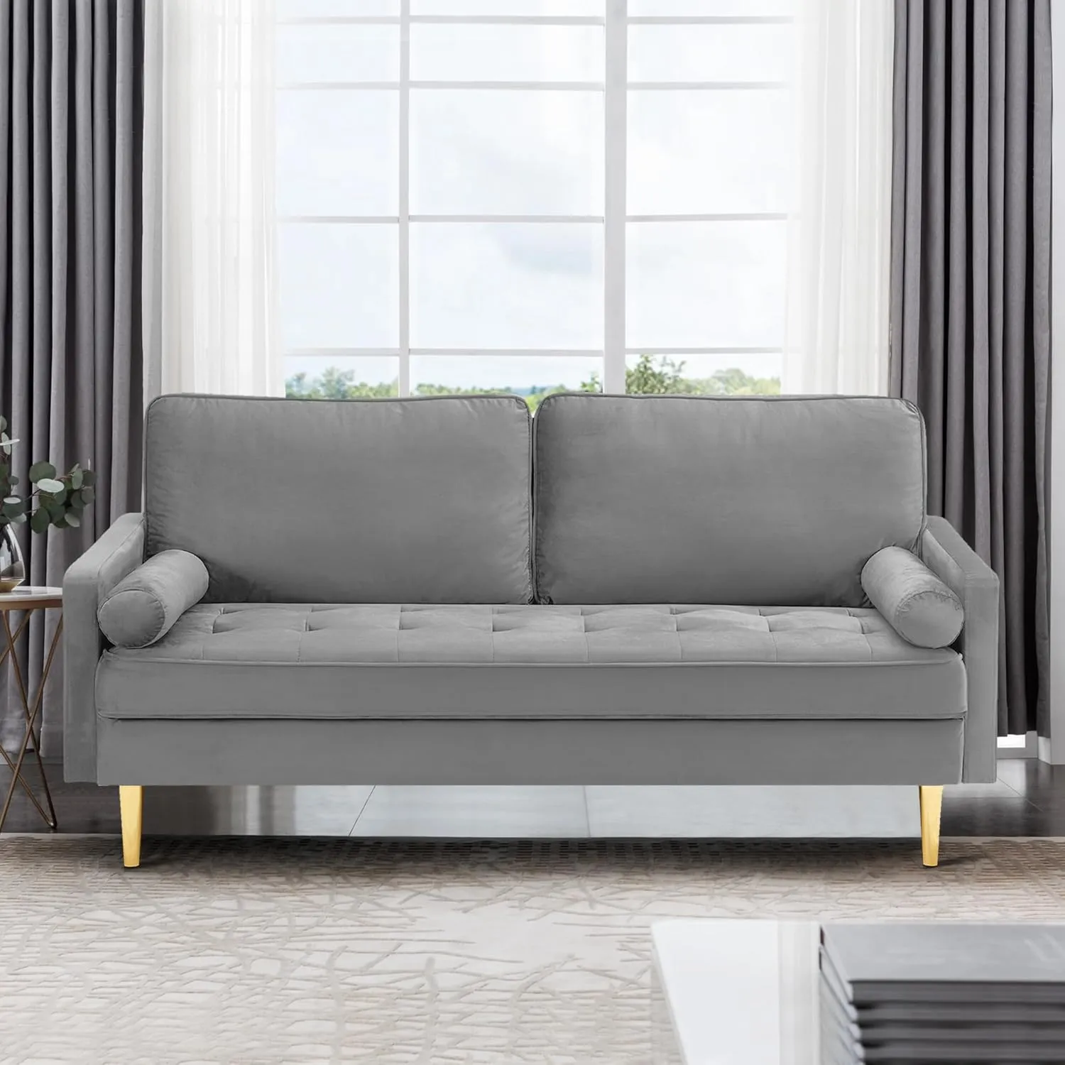 67" Modern Velvet Loveseat Sofa Couch, Mid-Century Tufted Upholstered Small Love Seat Couch with 2 Pillows & 4 Golden Legs, 2-Seats Couches for Compact Space, Living Room, Apartment (Grey)