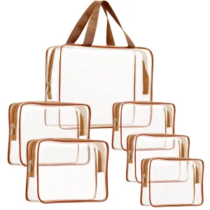 6Pcs Crystal Clear PVC Travel Toiletry Bag Kit for Women Men, Waterproof Vinyl Packing Organizer Storage Bags with Zipper Handle Straps, Cosmetic Pouch Carry on Airport Airline Compliant Bag Handbag