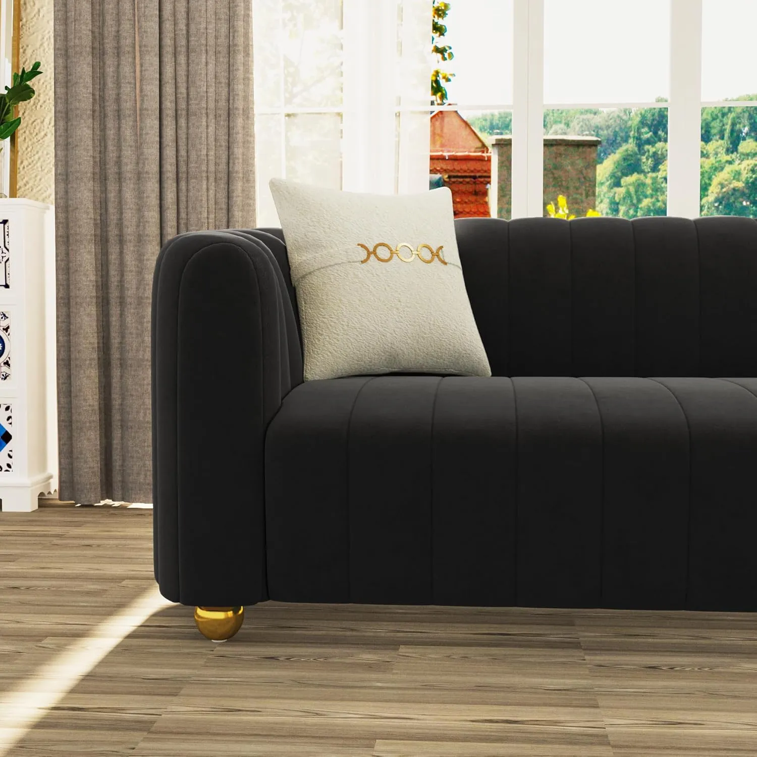 83" Black Velvet Sofa Mid Century Modern Couch for 3 Person Chesterfield Tufted Velvet Couches with 2 Pillows for Living Room Apartment Bedroom Office
