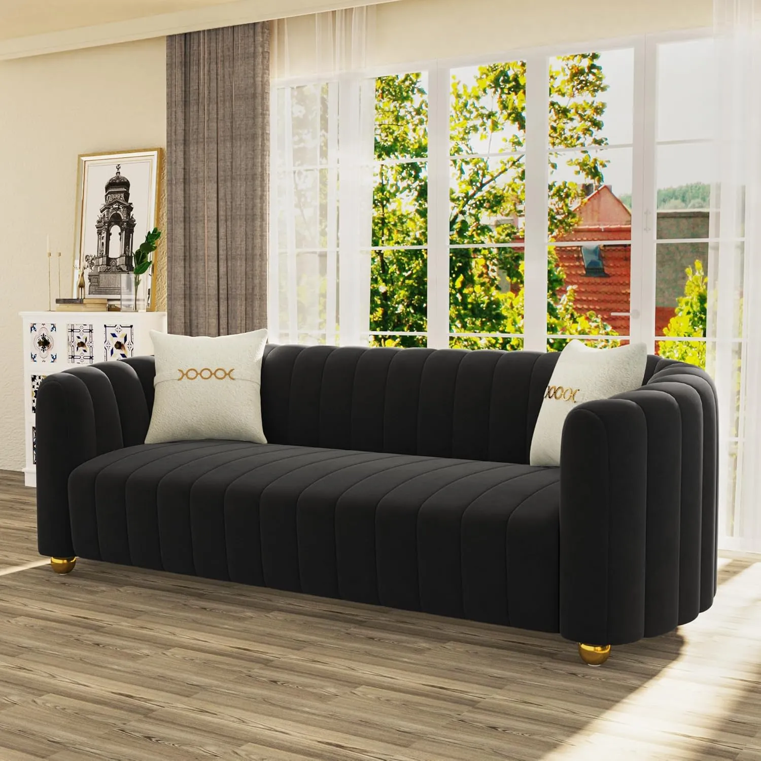 83" Black Velvet Sofa Mid Century Modern Couch for 3 Person Chesterfield Tufted Velvet Couches with 2 Pillows for Living Room Apartment Bedroom Office