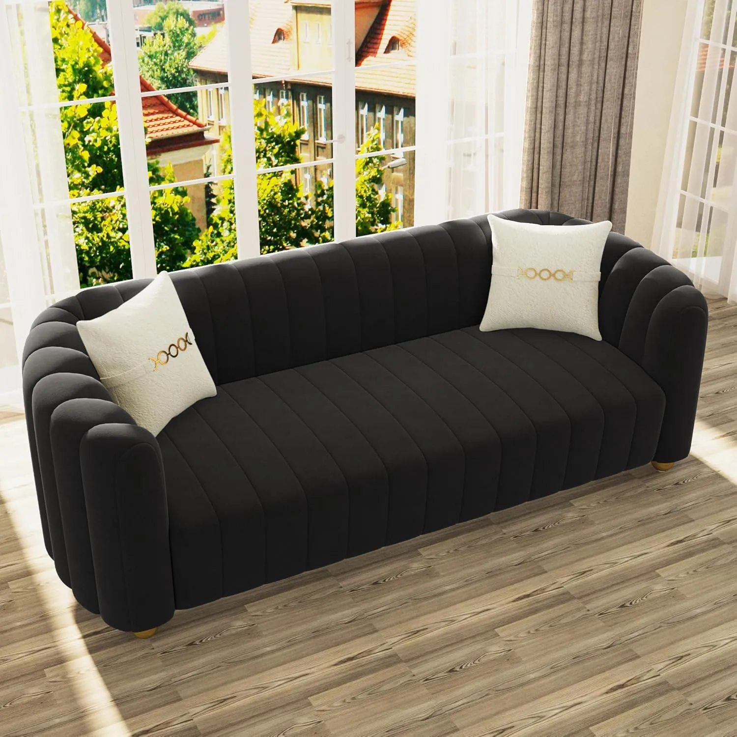 83" Black Velvet Sofa Mid Century Modern Couch for 3 Person Chesterfield Tufted Velvet Couches with 2 Pillows for Living Room Apartment Bedroom Office