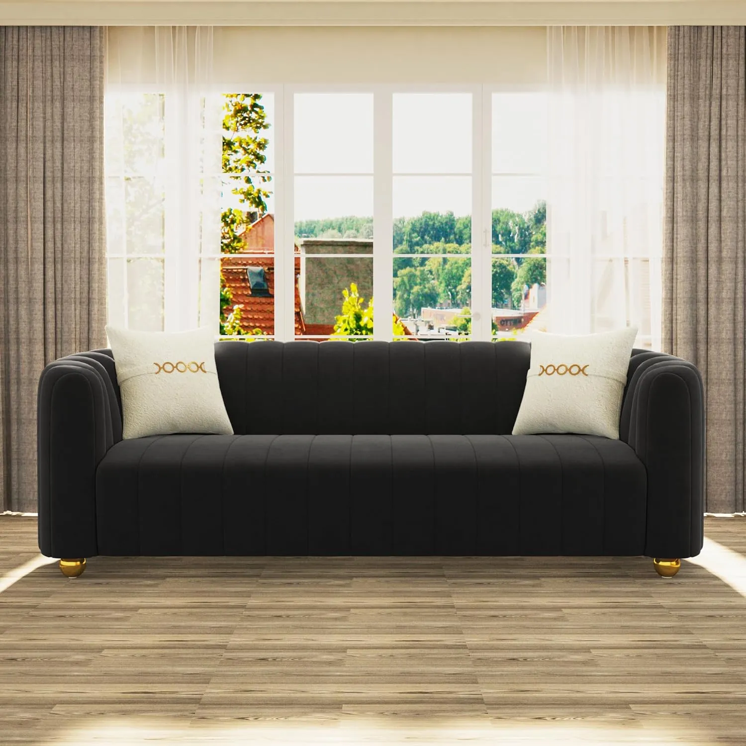 83" Black Velvet Sofa Mid Century Modern Couch for 3 Person Chesterfield Tufted Velvet Couches with 2 Pillows for Living Room Apartment Bedroom Office