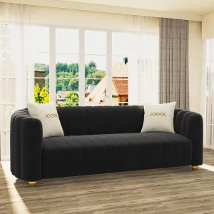 83" Black Velvet Sofa Mid Century Modern Couch for 3 Person Chesterfield Tufted Velvet Couches with 2 Pillows for Living Room Apartment Bedroom Office