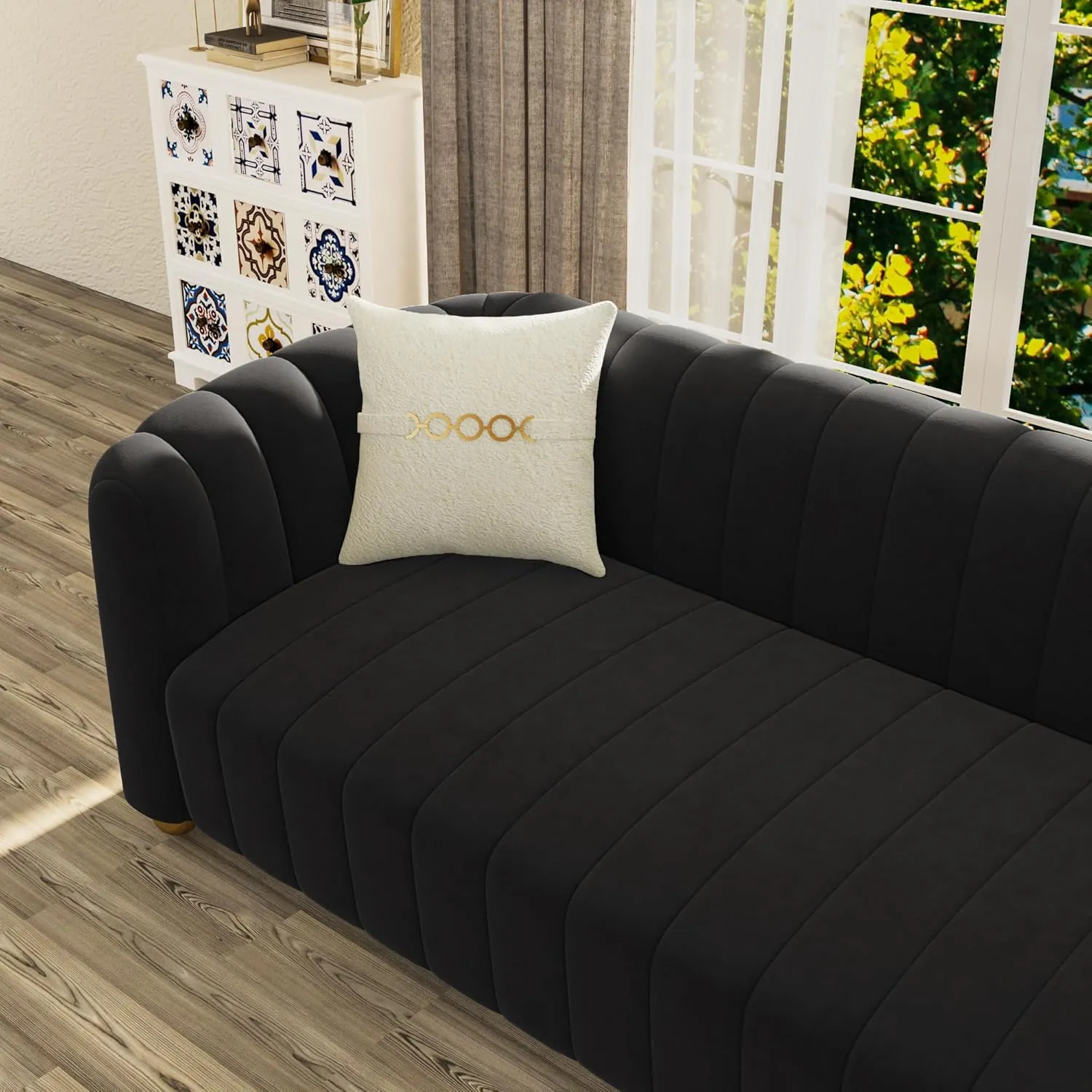 83" Black Velvet Sofa Mid Century Modern Couch for 3 Person Chesterfield Tufted Velvet Couches with 2 Pillows for Living Room Apartment Bedroom Office