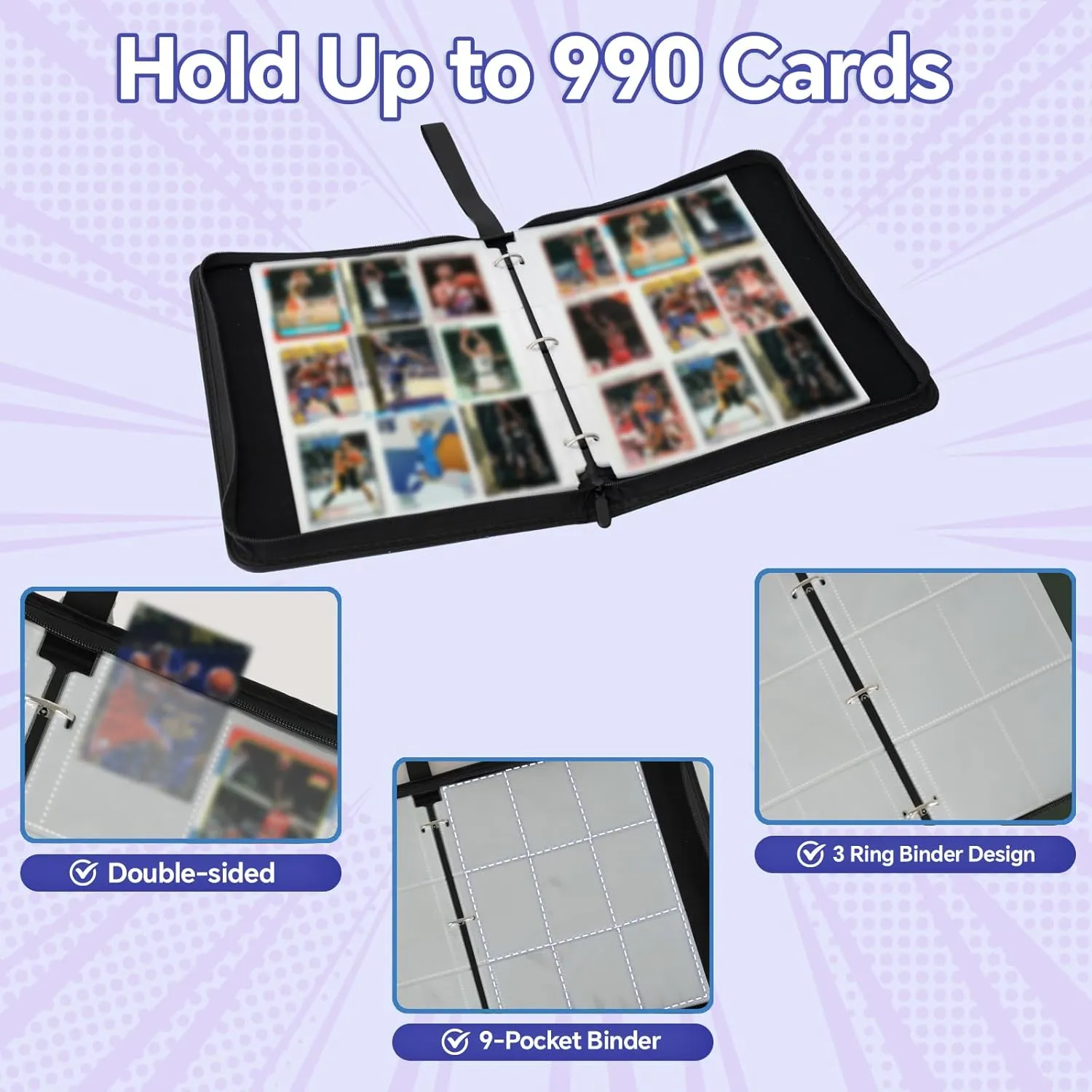 9-Pocket Card Binder - 990-Pocket Trading Card Binder with 55 Removable Double-Sided Sleeves, Collectible Trading Card Albums for Sports Cards, Game Cards, Top Loader Binder - Star