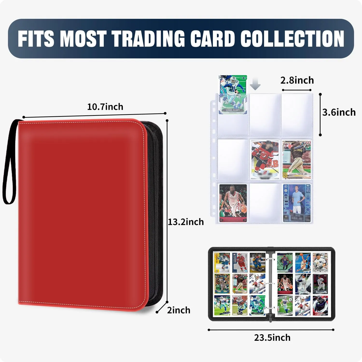 900 Pockets Trading Card Album Folder, Baseball Card Binder with Sleeves, Collectible Trading Album for Baseball Cards, Trading Cards, Football Cards, MTG, Game Cards, Sports Cards -Red
