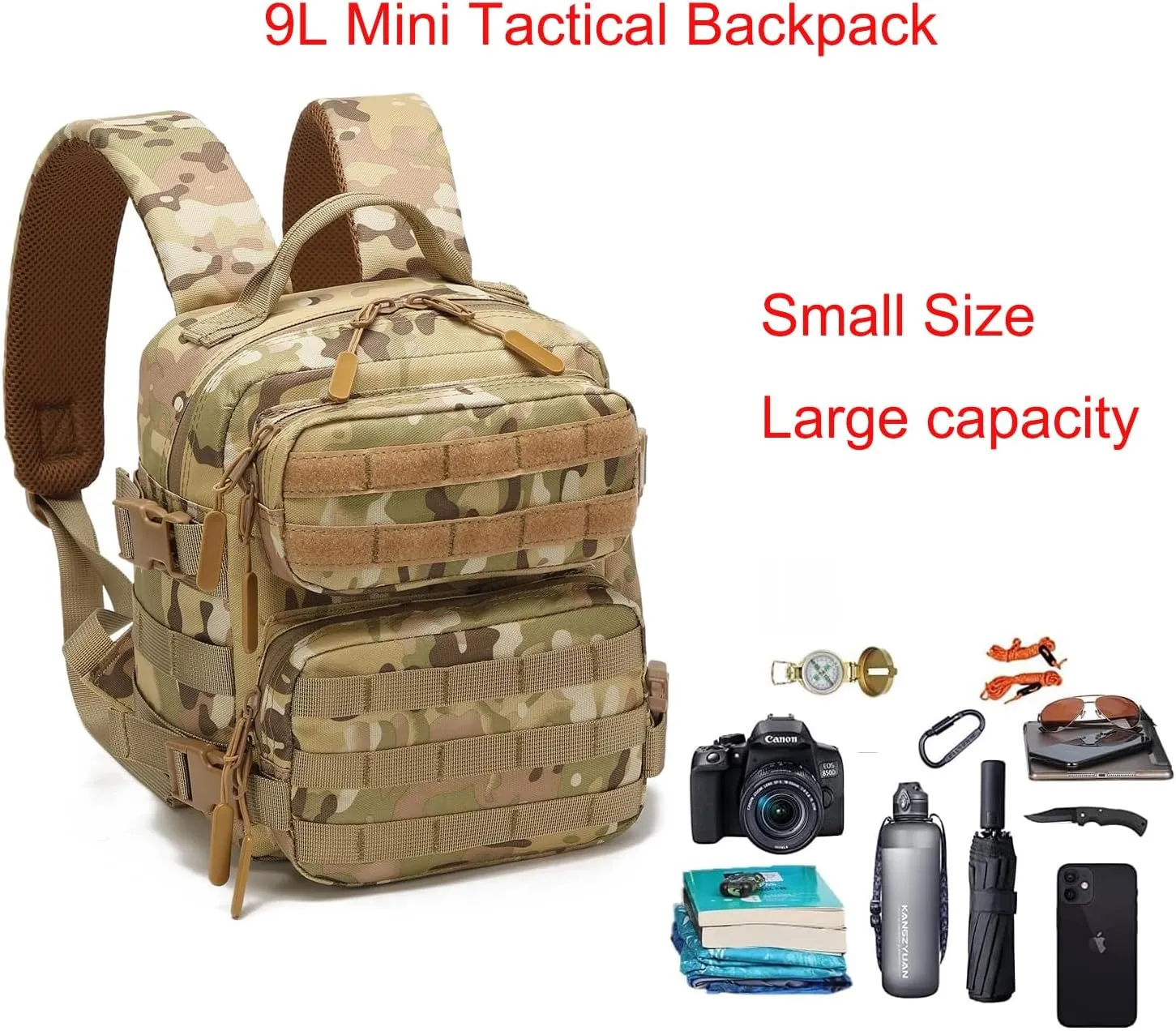 9L Mini Tactical Backpack Men Women Small Assault Rucksack Water-proof GYM Hiking Bug Out Bag with molle attachments (CP)