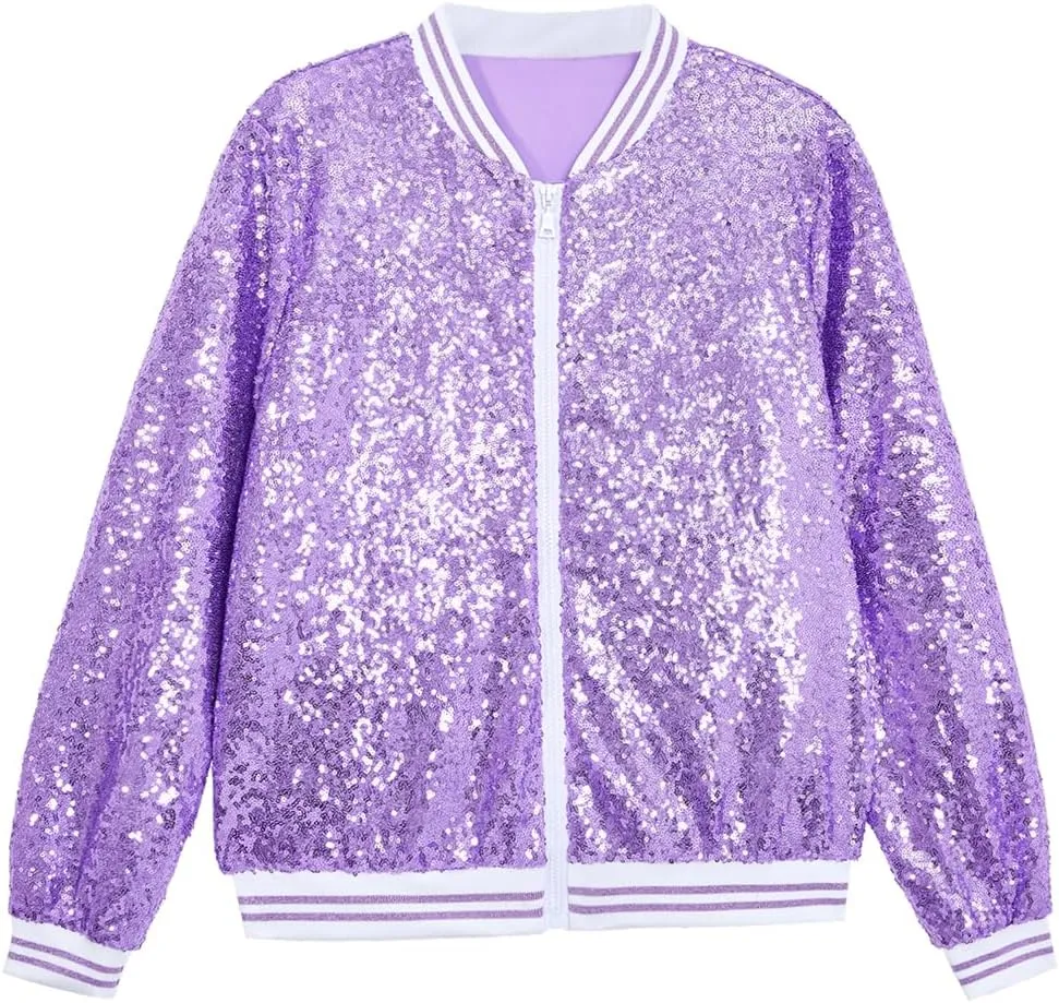 A ARFAR Women Sequin Jackets Striped Collar Glitter Varsity Bomber Sparkly Coat Party Outwear Lightweight Ladies Cloth