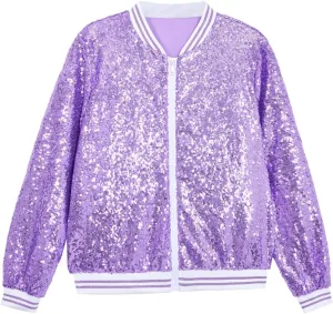 A ARFAR Women Sequin Jackets Striped Collar Glitter Varsity Bomber Sparkly Coat Party Outwear Lightweight Ladies Cloth