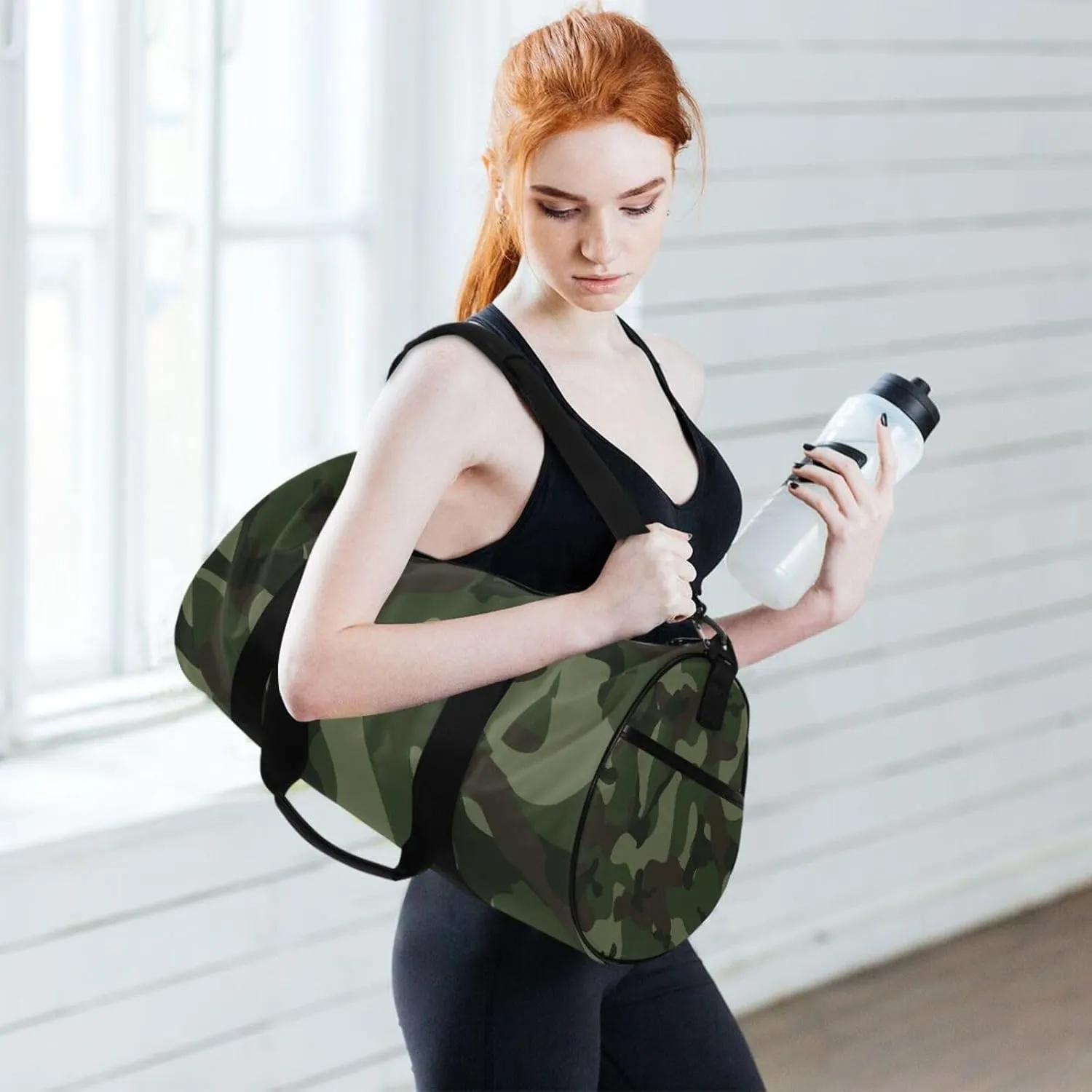 Abstract Camouflage for Hunting in Green Brown Black Style Portable Gym Bag, Travel Bag, Luggage bag, Sports Bag, Toiletry Bag with Handles, Detachable Shoulder Strap 17.6 x 9 x 9 inch