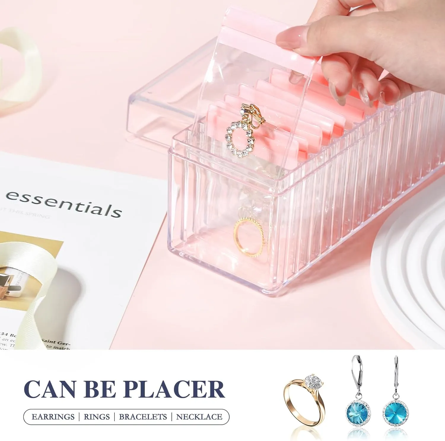 Acrylic Jewelry Organizer with 20 Anti-Tarnish PVC Bags, Clear Jewelry Box for Earrings, Rings, Necklaces, Portable Travel Jewelry Case for Women, Dustproof and Waterproof, Pink