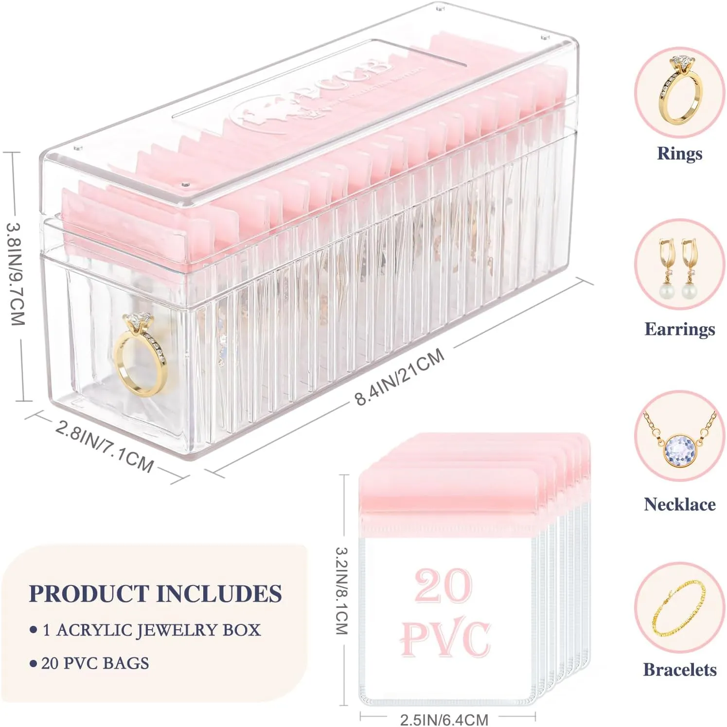 Acrylic Jewelry Organizer with 20 Anti-Tarnish PVC Bags, Clear Jewelry Box for Earrings, Rings, Necklaces, Portable Travel Jewelry Case for Women, Dustproof and Waterproof, Pink