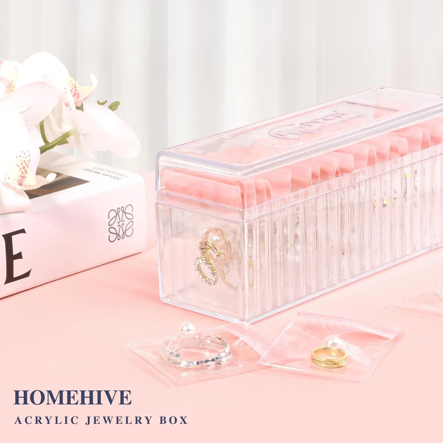 Acrylic Jewelry Organizer with 20 Anti-Tarnish PVC Bags, Clear Jewelry Box for Earrings, Rings, Necklaces, Portable Travel Jewelry Case for Women, Dustproof and Waterproof, Pink