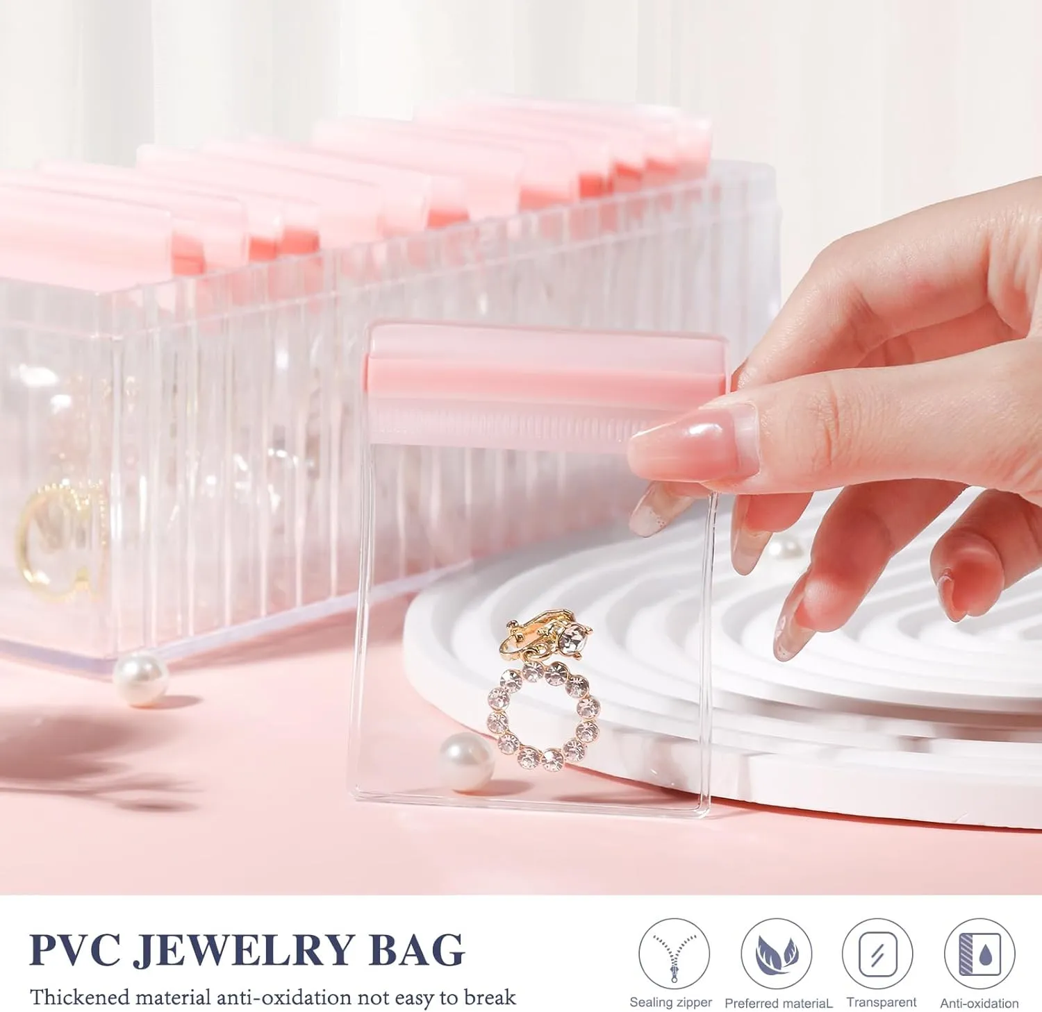 Acrylic Jewelry Organizer with 20 Anti-Tarnish PVC Bags, Clear Jewelry Box for Earrings, Rings, Necklaces, Portable Travel Jewelry Case for Women, Dustproof and Waterproof, Pink