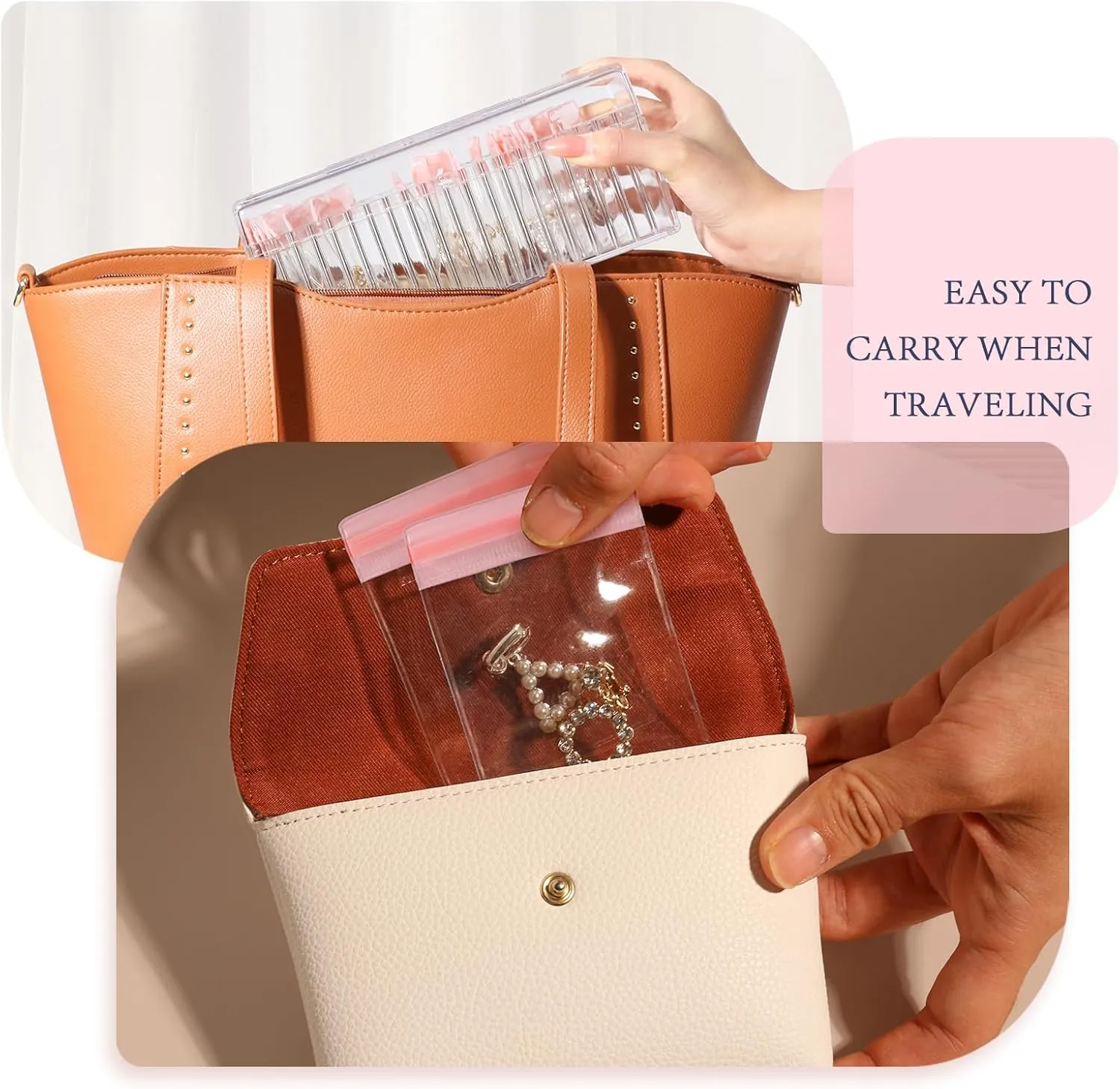 Acrylic Jewelry Organizer with 20 Anti-Tarnish PVC Bags, Clear Jewelry Box for Earrings, Rings, Necklaces, Portable Travel Jewelry Case for Women, Dustproof and Waterproof, Pink