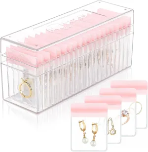 Acrylic Jewelry Organizer with 20 Anti-Tarnish PVC Bags, Clear Jewelry Box for Earrings, Rings, Necklaces, Portable Travel Jewelry Case for Women, Dustproof and Waterproof, Pink